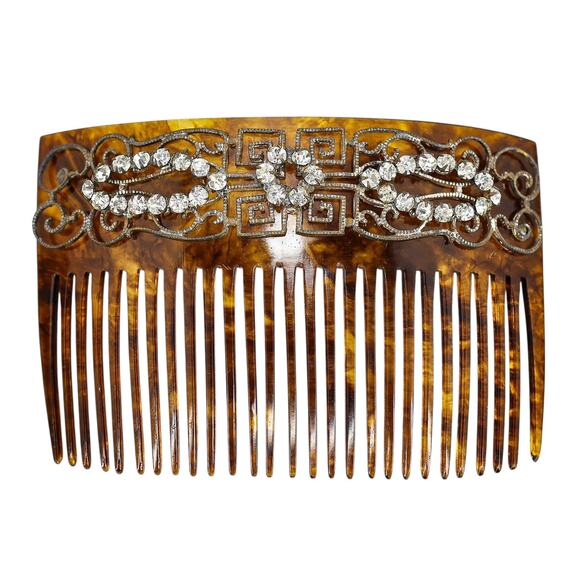 Vintage Art Deco Faux Tortoise Acetate Hair Comb Applied Filigree & Rhinestones - Picture 1 of 10